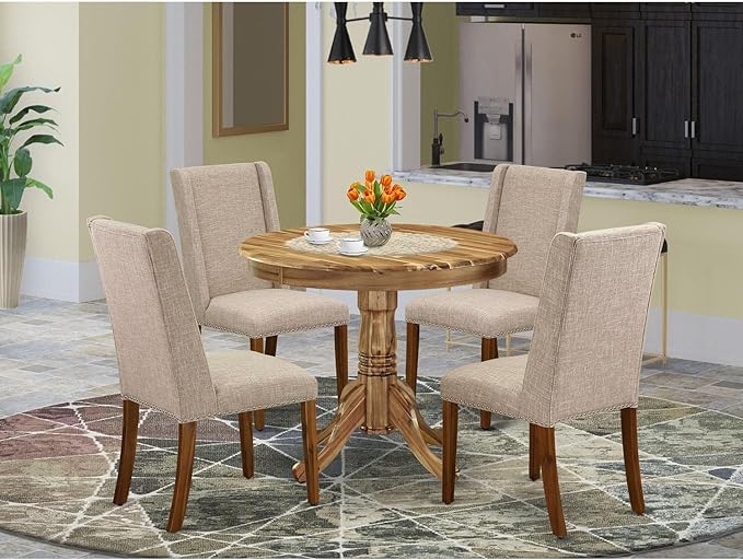 East West Furniture ANFL5-ANA-04 Antique 5 Piece Kitchen Set for 4 Includes a Round Room Table with Pedestal and 4 Light Tan Linen Fabric Parson Dining Chairs, 36x36 Inch - LeafyLoom