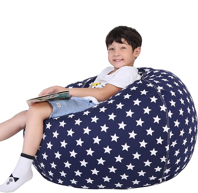 Lukeight Stuffed Animal Storage Bean Bag Chair Cover for Kids, Zipper Beanbag Chair Cover for Organizing Toddler & Kids' Rooms Plush Toys (Stars Navy, Large) - LeafyLoom