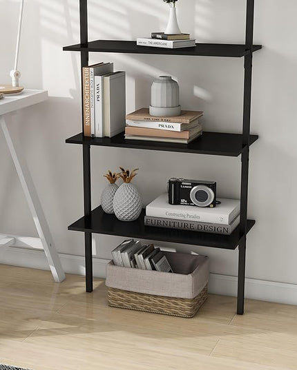 Panana Industrial 5 Tier Ladder Shelf, Open Space Book Shelf Wall Mount Bookshelf with Metal Frame Sturdy Bookcase for Living Room (Black, 5 Tier) - LeafyLoom