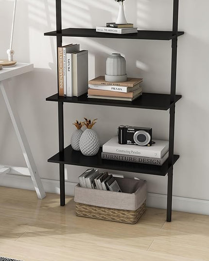 Panana Industrial 5 Tier Ladder Shelf, Open Space Book Shelf Wall Mount Bookshelf with Metal Frame Sturdy Bookcase for Living Room (Black, 5 Tier) - LeafyLoom