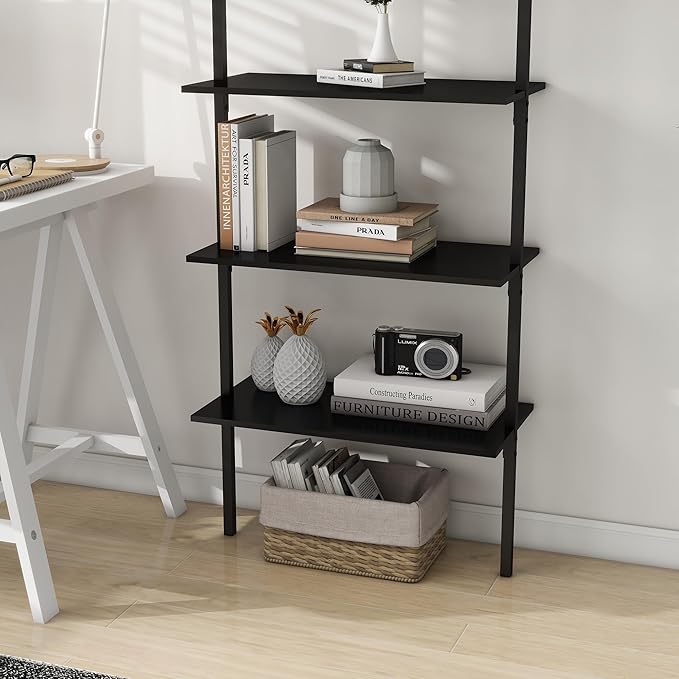 Panana Industrial 5 Tier Ladder Shelf, Open Space Book Shelf Wall Mount Bookshelf with Metal Frame Sturdy Bookcase for Living Room (Black, 5 Tier) - LeafyLoom