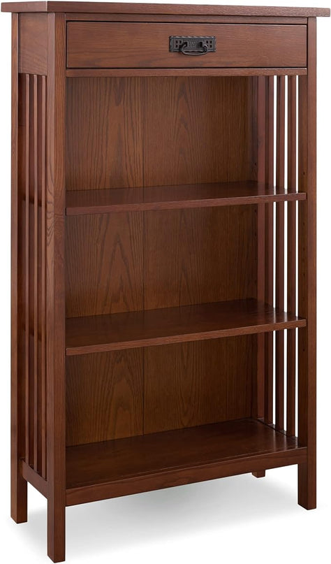 Leick Home 82262 Mission Mantel Height Bookcase with Slatted Sides and Top Drawer, Made with Wood & 8206 Mission Impeccable One Drawer Side Table with Shelf, Furniture, Medium Oak, Russet - LeafyLoom