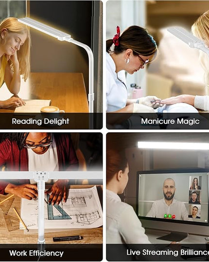 LED Desk Lamp for Home Office- 24W Double Head Desk Light with clamp, 5 Lighting Modes, 11 Brightness Levels, Adjustable Gooseneck Lamp with Timer- White - LeafyLoom