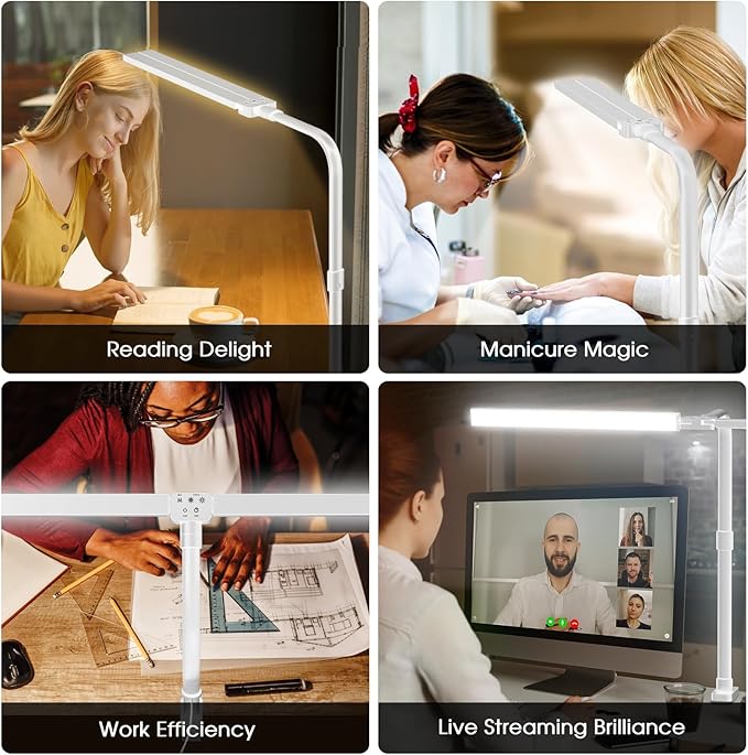 LED Desk Lamp for Home Office- 24W Double Head Desk Light with clamp, 5 Lighting Modes, 11 Brightness Levels, Adjustable Gooseneck Lamp with Timer- White - LeafyLoom