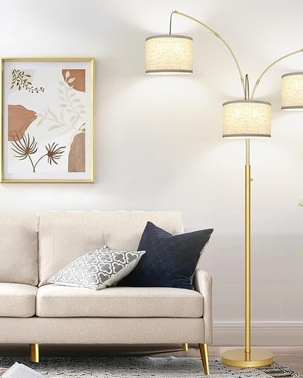 Nintiue Dimmable Floor Lamp - 3 Lights Gold Arc Floor Lamps for Living Room, 1000LM Modern Tall Standing Lamp with White Shades, Mid Century Tree Floor Lamp for Bedroom Office, 3 LED Bulbs Included - LeafyLoom