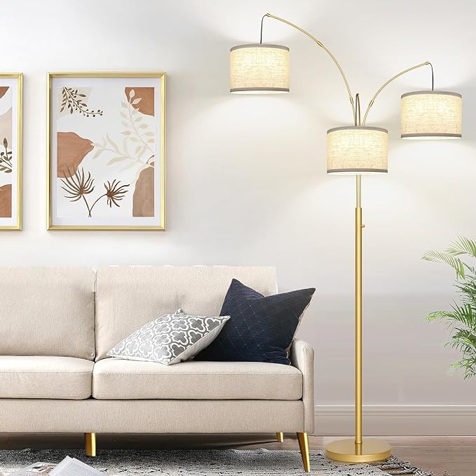 Nintiue Dimmable Floor Lamp - 3 Lights Gold Arc Floor Lamps for Living Room, 1000LM Modern Tall Standing Lamp with White Shades, Mid Century Tree Floor Lamp for Bedroom Office, 3 LED Bulbs Included - LeafyLoom
