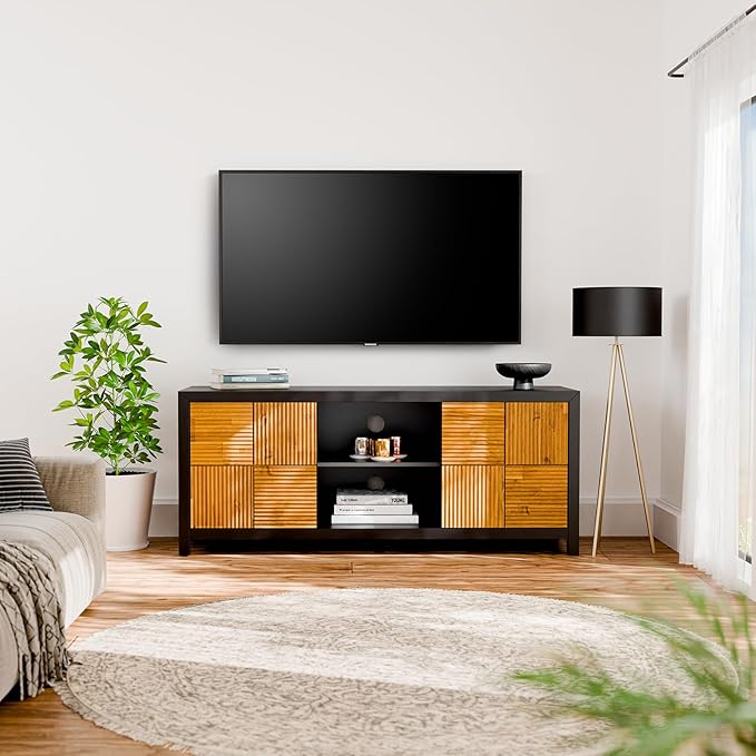 Bme Solid Wood Fluted Fully Assembled Media Console, Craft to Last Center with Soft Close Door & Adjustable Storage Space, Spacious & Unique Entertainment, Madia 60 Inch TV Stand, Black & Teak Brown - LeafyLoom