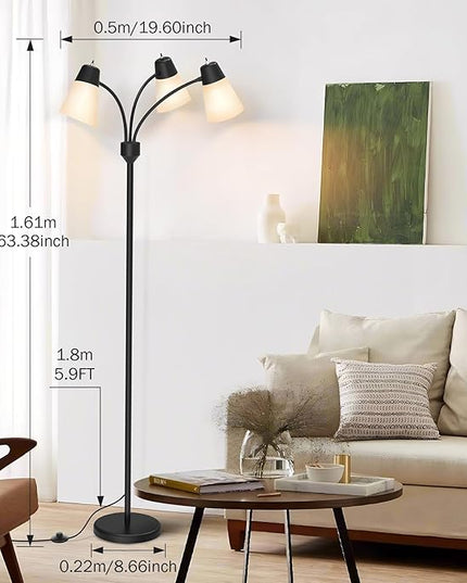 FOLKSMATE 3-Light Floor Lamp, LED Medusa Muiti-Head Adjustable Arc Standing Lamp, Gooseneck Tree Tall Light for Living Room, Kid Room, Bedroom, Black - LeafyLoom