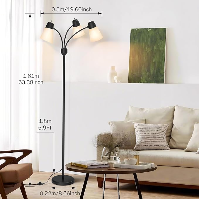 FOLKSMATE 3-Light Floor Lamp, LED Medusa Muiti-Head Adjustable Arc Standing Lamp, Gooseneck Tree Tall Light for Living Room, Kid Room, Bedroom, Black - LeafyLoom