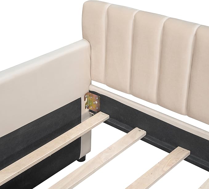 Velvet Upholstered Twin Daybed with Two Storage Drawers, Solid Wooden Bed Frame w/Vertical Stripes Designed Backrest and Pine Legs, Space-Saving Design - LeafyLoom