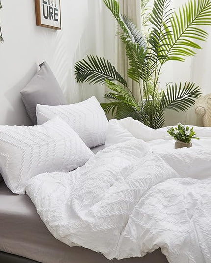 Wellboo White Tufted Jacquard Boho Comforter Set Full Size White Bedding Set Shabby Chic All Season Bed Quilt Women Men White Farmhouse Embroidery Blanket Soft Adult Broken Line Wave Geometry Bed - LeafyLoom