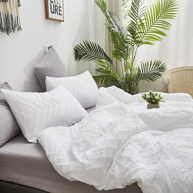 Wellboo White Tufted Jacquard Boho Comforter Set Full Size White Bedding Set Shabby Chic All Season Bed Quilt Women Men White Farmhouse Embroidery Blanket Soft Adult Broken Line Wave Geometry Bed - LeafyLoom