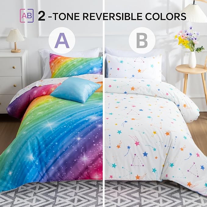 Btargot Super Soft 6 Pieces Gradient Star Ring Comforter Set, Colorful Glitter Rainbow Star Pattern Bedding Set for Boys Girls Teens,Twin Multicolor - LeafyLoom