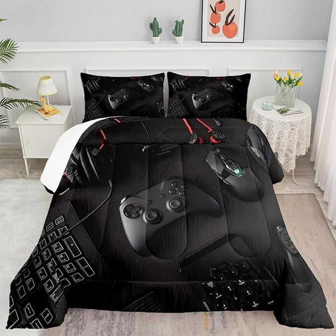 Gamer Comforter Set for Boys Teen Kids Full Size Gaming Comforter Soft Microfiber Gampad Quilt and Pillowcase Video Game Bedding Sets Room Decor (Color 1,Full) - LeafyLoom