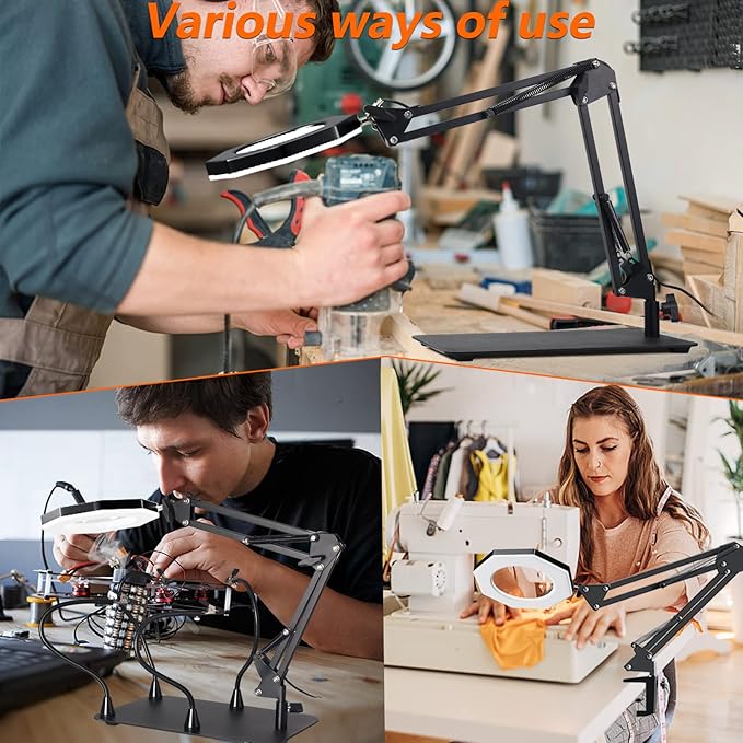 10X Magnifying Glass with Light and Stand,KUVRS 2200 IM 3-Color LED Magnifying Lamp, Magnetic Helping Hands, Adjustable Arm Large Base & Clamp Magnifier with Light for Soldering Craft Hobby Close Work - LeafyLoom
