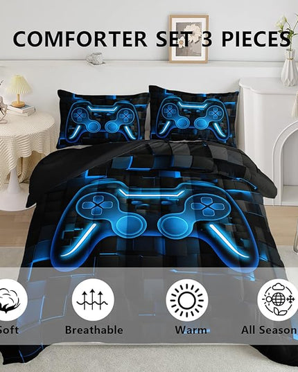 Axolotl Gamepad Comforter Set Twin Size,Blue Grid Print Bedding Set,Boys Gaming Console Comforter Set,Modern Gaming controller Geometry Bedding Set for Adult Teens Men,1 Quilt 2 Pillowcases,Blue Black - LeafyLoom