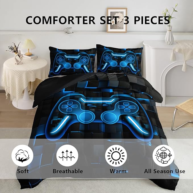Axolotl Gamepad Comforter Set Twin Size,Blue Grid Print Bedding Set,Boys Gaming Console Comforter Set,Modern Gaming controller Geometry Bedding Set for Adult Teens Men,1 Quilt 2 Pillowcases,Blue Black - LeafyLoom