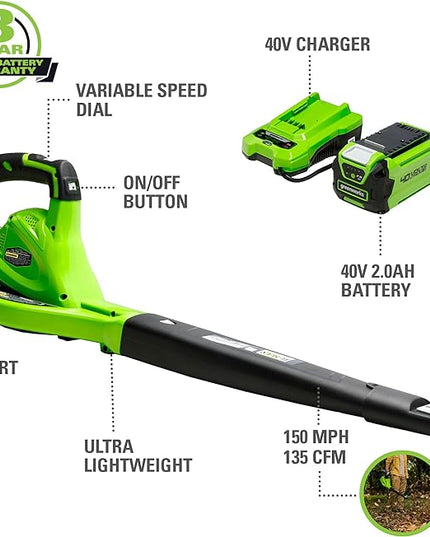 Greenworks 40V Leaf Blower/Sweeper, 150 MPH, Lightweight, Quiet, with 2.0 Ah Battery and Charger - LeafyLoom