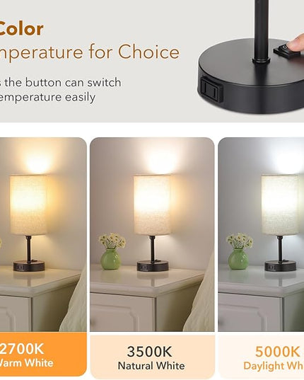 GGOYING Bedside Table Lamp,3-Way Dimmable Bedside Lamps 2700K 3500K 5000K with AC Outlet,Beige Cylindrical Lampshade for Livingroom Office Reading Working Kid - LeafyLoom