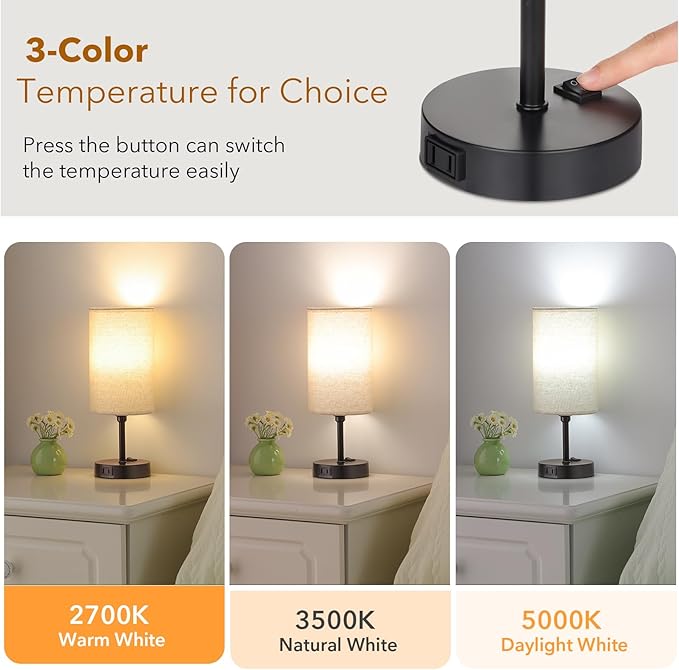 GGOYING Bedside Table Lamp,3-Way Dimmable Bedside Lamps 2700K 3500K 5000K with AC Outlet,Beige Cylindrical Lampshade for Livingroom Office Reading Working Kid - LeafyLoom