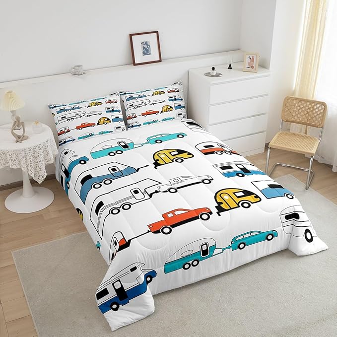 Camper Comforter Set King, Happy Camping Bedding Set for Kids Boys Girls Children, Camping Trailer Travel Car Pattern Bedding Comforters & Sets, Cartoon Car Down Comforter RV Accessories, Colorful - LeafyLoom