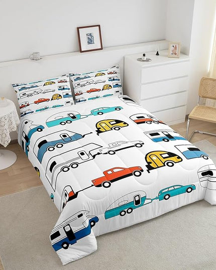 Camper Comforter Set Twin, Happy Camping Bedding Set For Kids Boys Girls Children, Camping Trailer Travel Car Pattern Bedding Comforters & Sets, Cartoon Car Down Comforter RV Accessories, Colorful - LeafyLoom