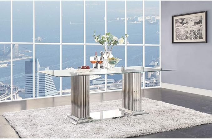 NicBex Dining Table Contemporary Kitchen Table Farmhouse Rustic Dining Table in Stainless Steel & Clear Glass Rectangular Dining Table, Easy Assembly, Clear + Silver - LeafyLoom