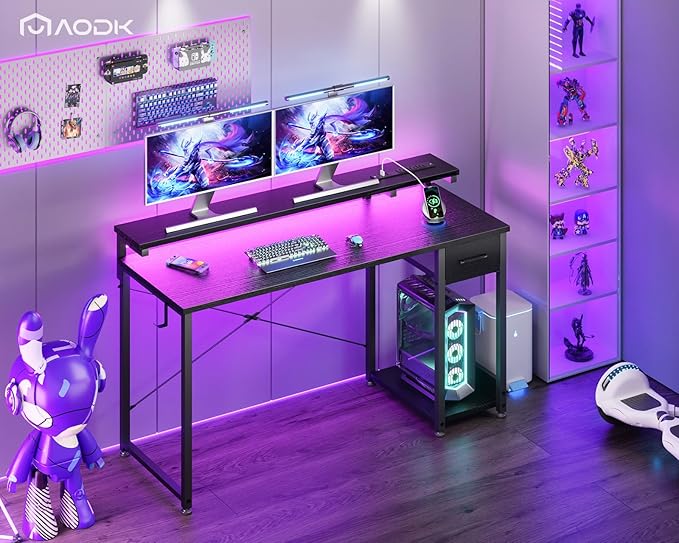 AODK Gaming Desk with LED Lights & Power Outlet, 55 Inch Computer Desk with Drawer, Reversible Desk with Adjustable Monitor Shelf & Headphone Hook for Home Office, Black - LeafyLoom
