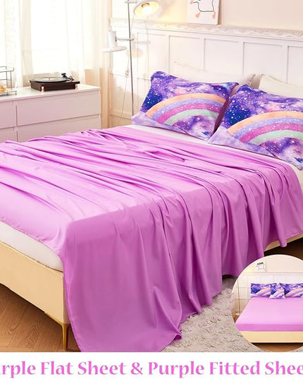 6Pcs Purple Rainbow Twin Size Bedding Set for Girls Gradient Glitter Kids Comforter Sets Tie Dye Girls Bed Set Sparkle Galaxy Bed in A Bag with Sheets - LeafyLoom