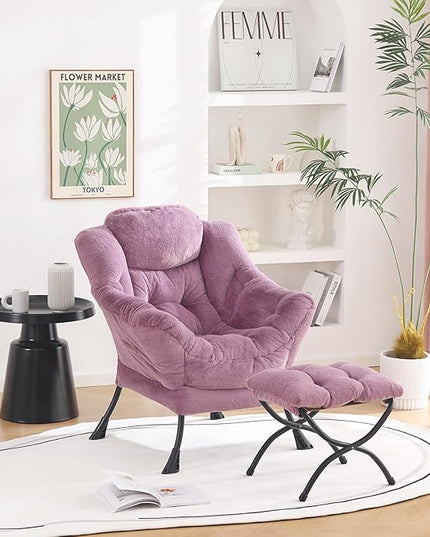 Welnow Lazy Chair with Ottoman, Modern Lounge Accent Chair with Armrests and a Side Pocket, Leisure Sofa Chair Set, Reading Chair with Footrest for Small Space, Corner Chair, Plush Purple - LeafyLoom