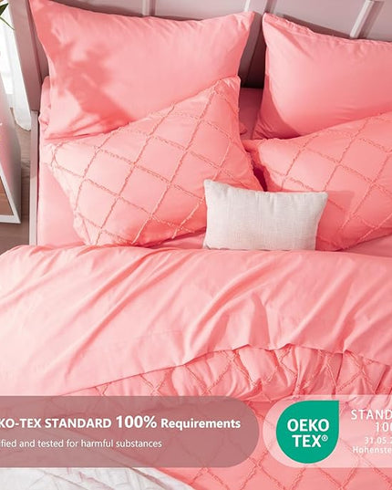 Boho Coral Pink Comforter Set with Jacquard Tufted Design,Farmhouse Bedding Sets for All Seasons,Soft 7 Pieces King Bed in a Bag with Comforter,Flat Sheet,Fitted Sheet,Pillowcases & Shams - LeafyLoom
