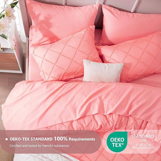 Boho Coral Pink Comforter Set with Jacquard Tufted Design,Farmhouse Bedding Sets for All Seasons,Soft 7 Pieces King Bed in a Bag with Comforter,Flat Sheet,Fitted Sheet,Pillowcases & Shams - LeafyLoom