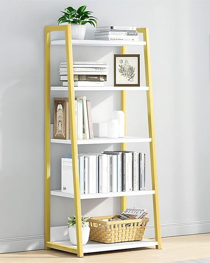 IOTXY 5 Tier Open Bookshelf - Steel and Wood Display Stand, 50CM Width Floor-Standing Bookcase, Gold - LeafyLoom