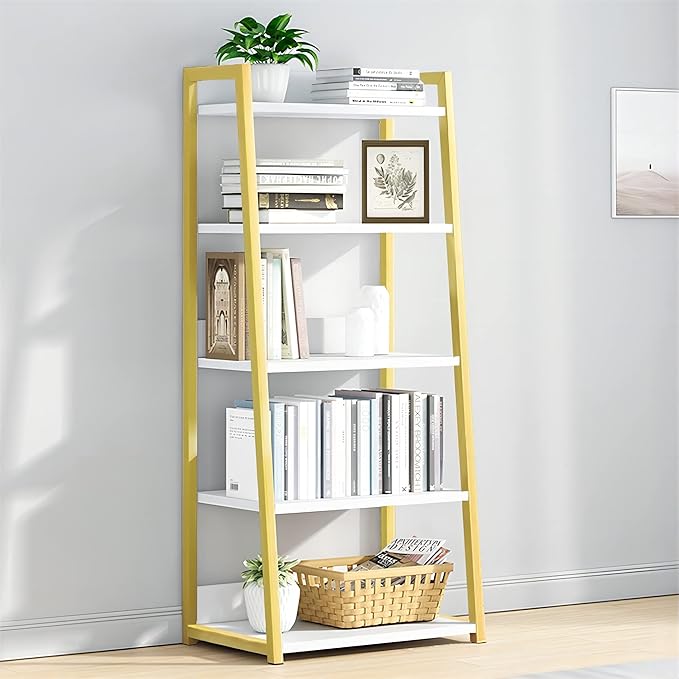 IOTXY 5 Tier Open Bookshelf - Steel and Wood Display Stand, 50CM Width Floor-Standing Bookcase, Gold - LeafyLoom