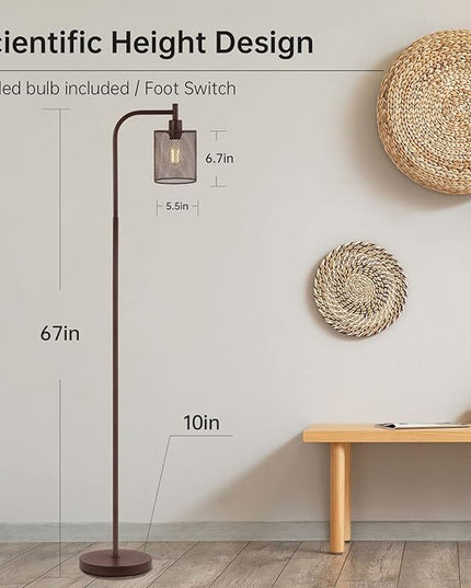 BoostArea Floor Lamp, Industrial Floor Lamp, Modern Standing Lamp, 6W LED Bulb, Foot Switch, Iron Mesh Tall Stand Up Lamp for Living Room/Bedroom, Vintage, Rustic, Minimalist Farmhouse Pole Lamp Brown - LeafyLoom