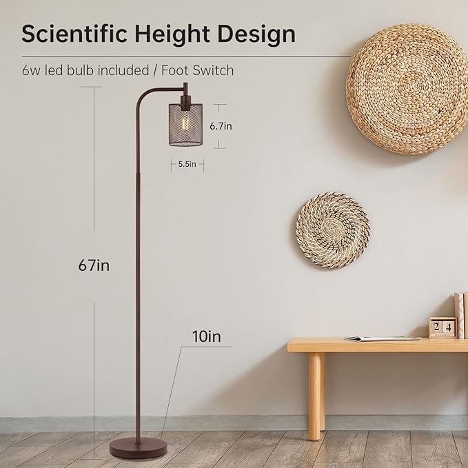 BoostArea Floor Lamp, Industrial Floor Lamp, Modern Standing Lamp, 6W LED Bulb, Foot Switch, Iron Mesh Tall Stand Up Lamp for Living Room/Bedroom, Vintage, Rustic, Minimalist Farmhouse Pole Lamp Brown - LeafyLoom