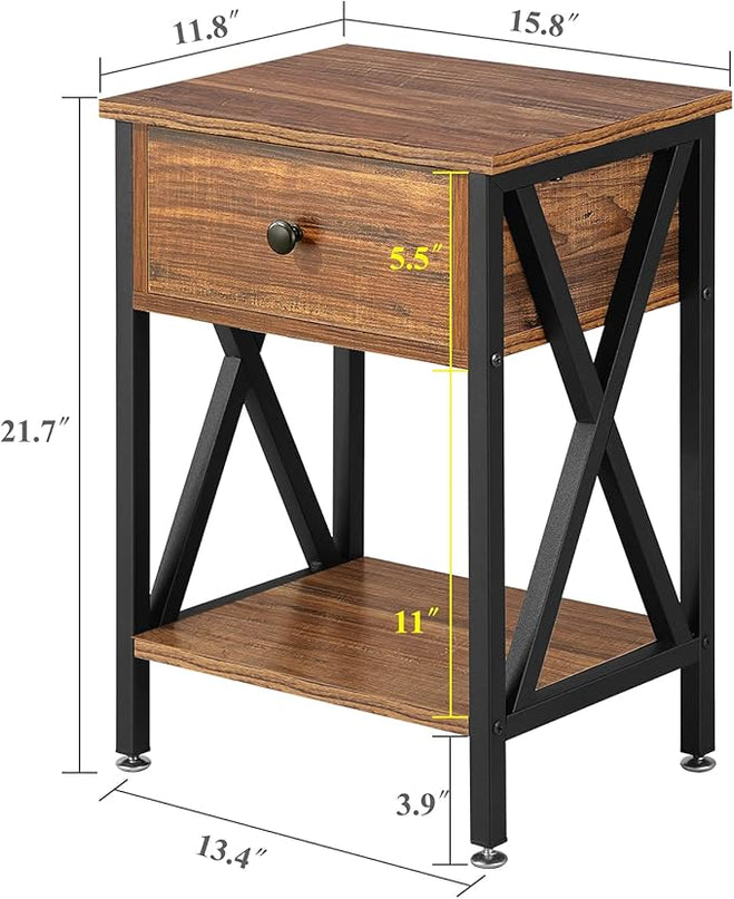 VECELO Modern Side End Table, Nightstand Storage Shelf with Bin Drawer for Bedroom, Lounge, 15.8in11.8in21.7in, Brown - LeafyLoom