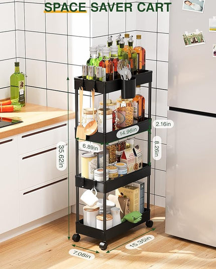 LEHOM Slim Rolling Storage Cart - 4 Tiers Bathroom Organizer Utility Cart Slide Out Storage Shelves Mobile Shelving Unit for Kitchen, Bedroom, Office, Laundry Room, Small Narrow Spaces Black - LeafyLoom