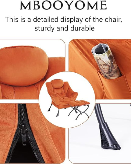 Lazy Chair with Ottoman, Modern Accent Chair Contemporary Lounge Leisure Upholstered Sofa Chair Set with Armrests, Reading Chair for Living Room, Bedroom, Office, Orange - LeafyLoom