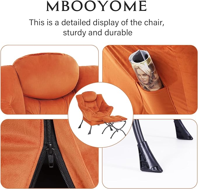 Lazy Chair with Ottoman, Modern Accent Chair Contemporary Lounge Leisure Upholstered Sofa Chair Set with Armrests, Reading Chair for Living Room, Bedroom, Office, Orange - LeafyLoom
