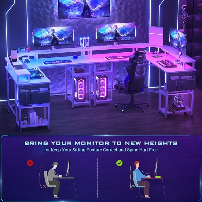 Aheaplus L Shaped Gaming Desk with Power Outlets & LED Lights, Computer Corner Desk with Monitor Stand and Storage Shelf, Home Office Writing Desk with Storage Bag, White - LeafyLoom