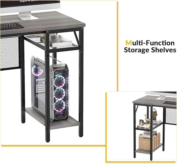 Unikito L Shaped Desk, Reversible Corner Computer Desks with Power Outlet and USB Charging Port, L- Shaped Office Desk with Storage Shelf and Under Bookshelf, Modern 2 Person Long Table, Enoch Walnut - LeafyLoom