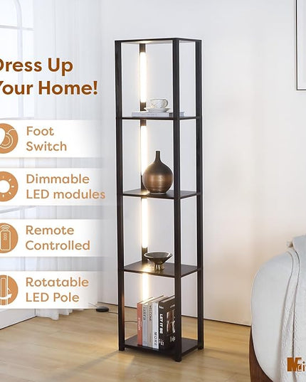 LED Floor Lamp with Shelves, Standing Lamp with Remote for Bedroom and Living Room, Corner Display Floor Lamps with Shelves, Modern Dimmable Floor Lamp with 5-Tier Open Shelve-Black - LeafyLoom