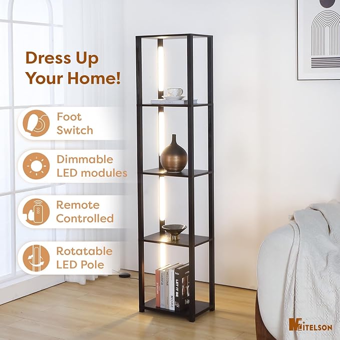 LED Floor Lamp with Shelves, Standing Lamp with Remote for Bedroom and Living Room, Corner Display Floor Lamps with Shelves, Modern Dimmable Floor Lamp with 5-Tier Open Shelve-Black - LeafyLoom