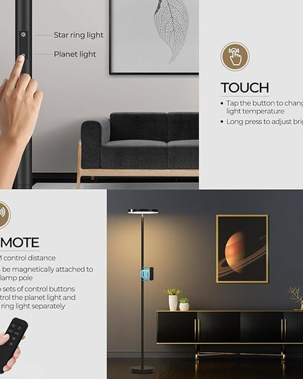 FIMEI Modern Floor Lamp, LED Bright Standing Lamp, Unique Rotatable Ring Design, Eye-Protecting Stepless Dimming, 3000K-6000K Color Temperatures, Touch/Remote Control, for Living Room Bedroom Office - LeafyLoom