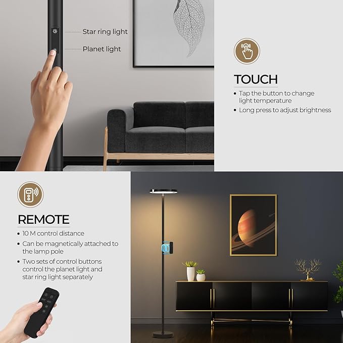 FIMEI Modern Floor Lamp, LED Bright Standing Lamp, Unique Rotatable Ring Design, Eye-Protecting Stepless Dimming, 3000K-6000K Color Temperatures, Touch/Remote Control, for Living Room Bedroom Office - LeafyLoom
