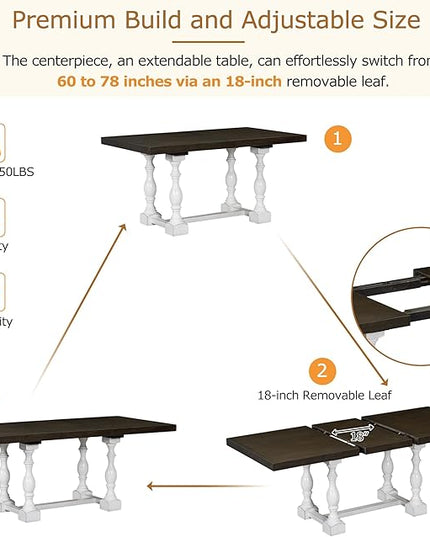 Merax 6-Piece Dining Set with 78inch Trestle Extendable Rectangular Table and 18inch Removable Leaf, Including 4 Padded Chairs & Linen Upholstered Bench for Living Room, Kitchen, Brown - LeafyLoom