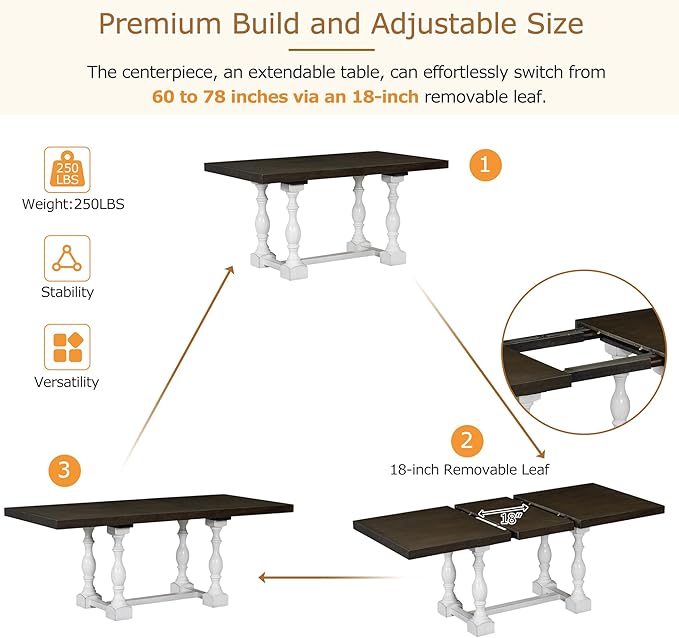 Merax 6-Piece Dining Set with 78inch Trestle Extendable Rectangular Table and 18inch Removable Leaf, Including 4 Padded Chairs & Linen Upholstered Bench for Living Room, Kitchen, Brown - LeafyLoom