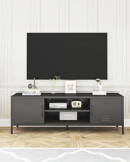 TV Stand for 55 60 inch TV, Metal TV Cabinet Modern Mid Century Entertainment Center with Storage, TV Industrial Media Console Table 2 Cabinet for Living Room, Bedroom, Office (Black) - LeafyLoom