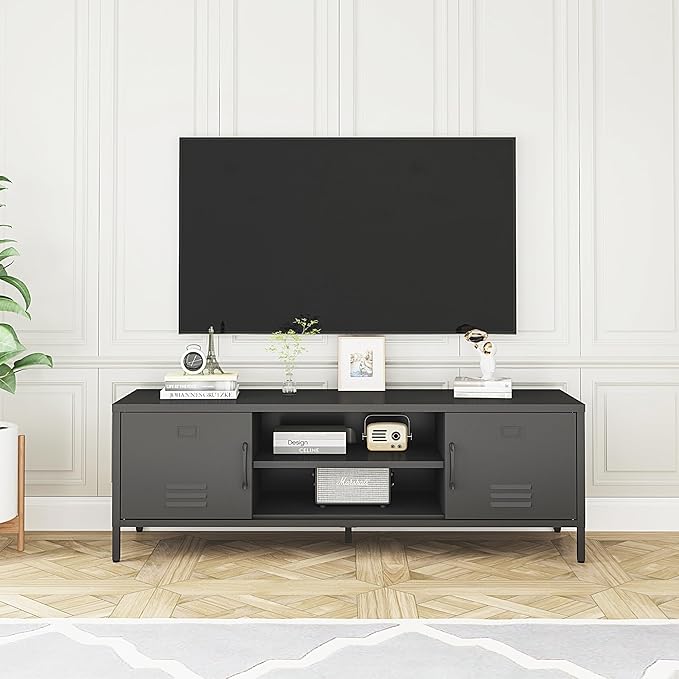 TV Stand for 55 60 inch TV, Metal TV Cabinet Modern Mid Century Entertainment Center with Storage, TV Industrial Media Console Table 2 Cabinet for Living Room, Bedroom, Office (Black) - LeafyLoom
